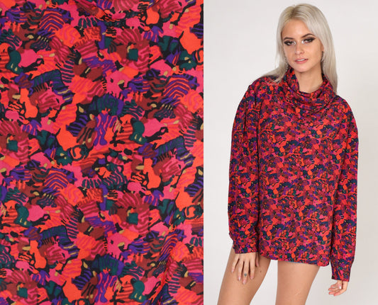 80s Abstract Print Cowl Neck Blouse Long Sleeve Purple Pink Orange Large L