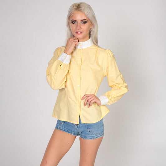 80s Yellow Puff Sleeve Blouse White Mock Neck Button Up Small