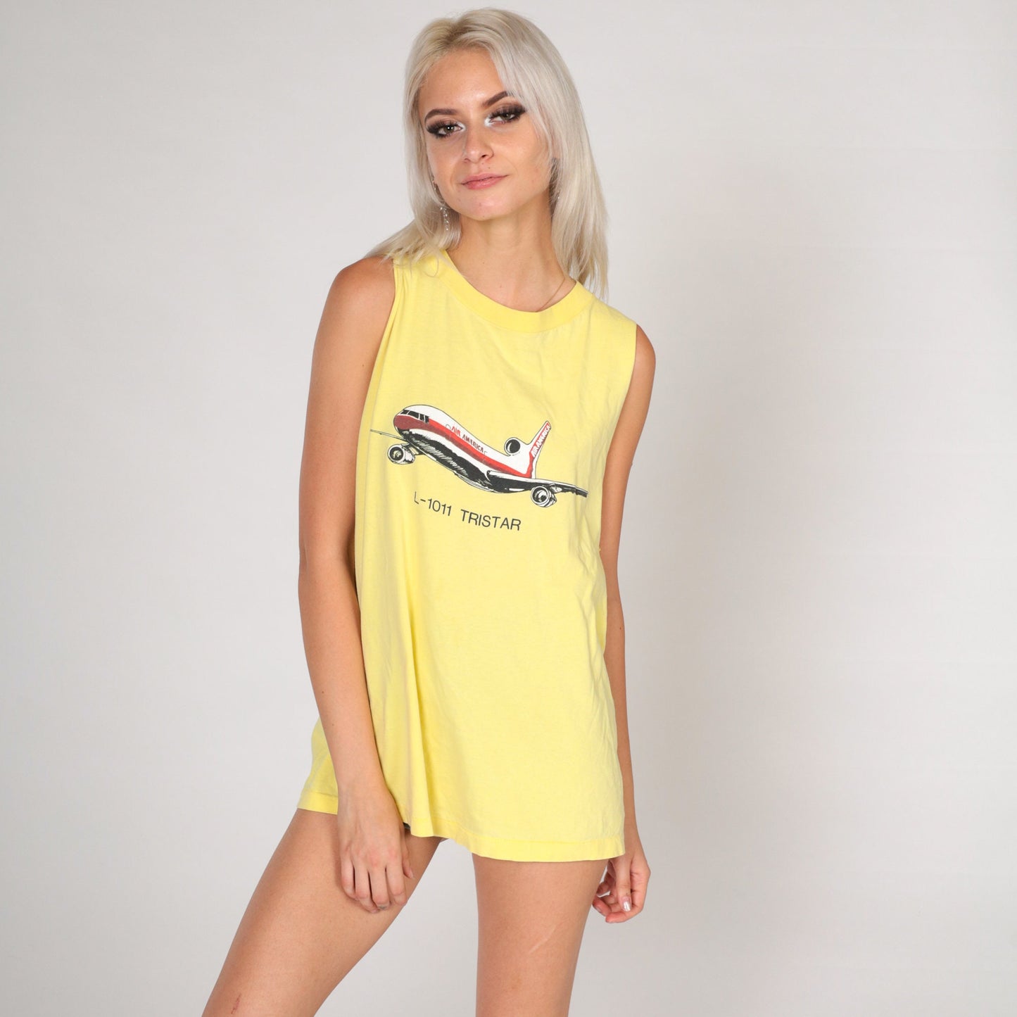 90s L-1011 TriStar Airplane Graphic Muscle Tank Yellow Medium Large