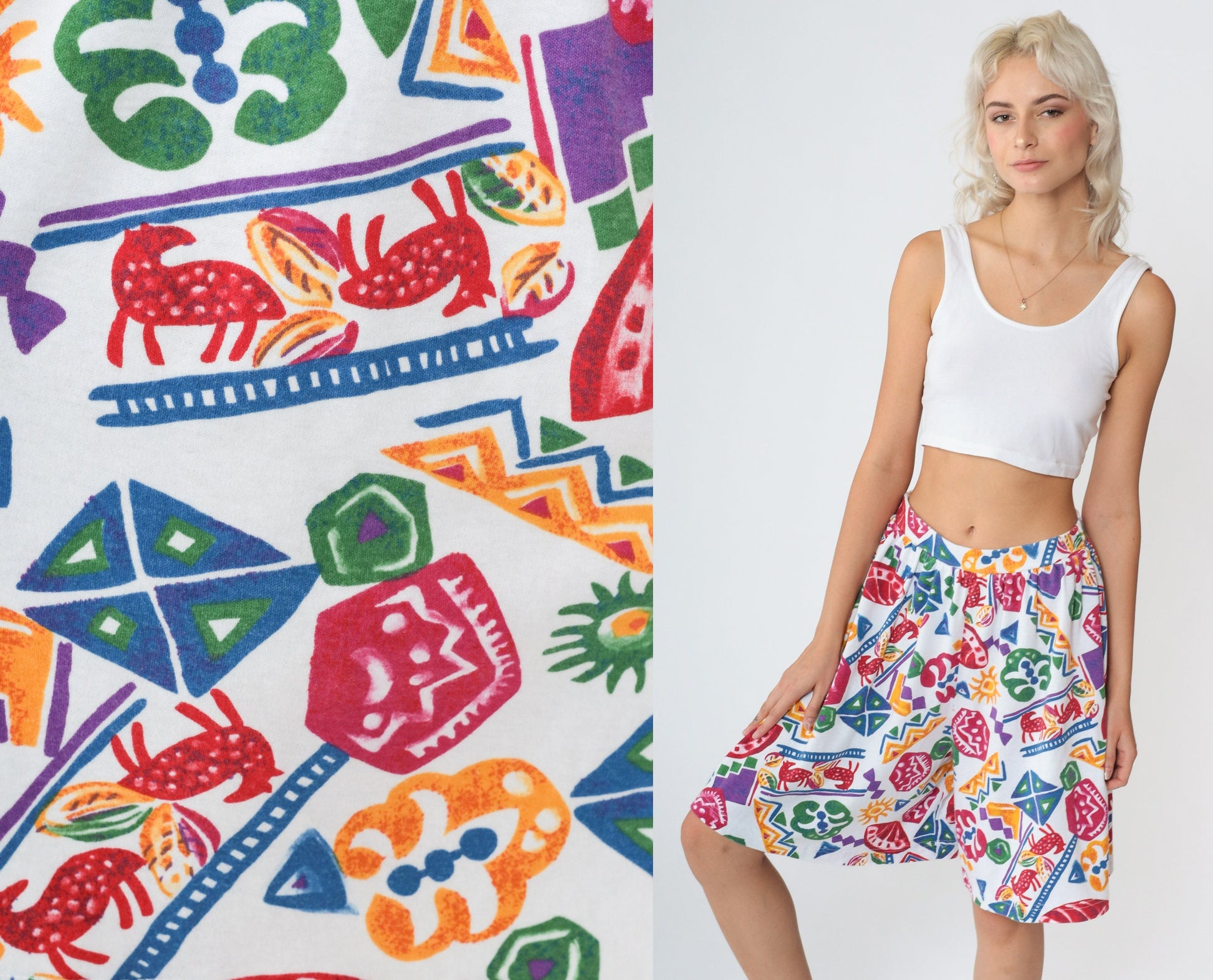 90s Geometric Animal Print High Waisted Shorts White Cotton Medium