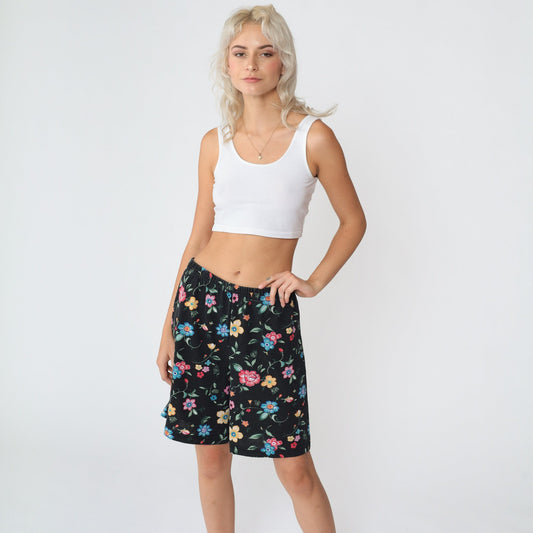 90s Black Floral High-Waisted Bermuda Shorts Elastic Waist Small Medium