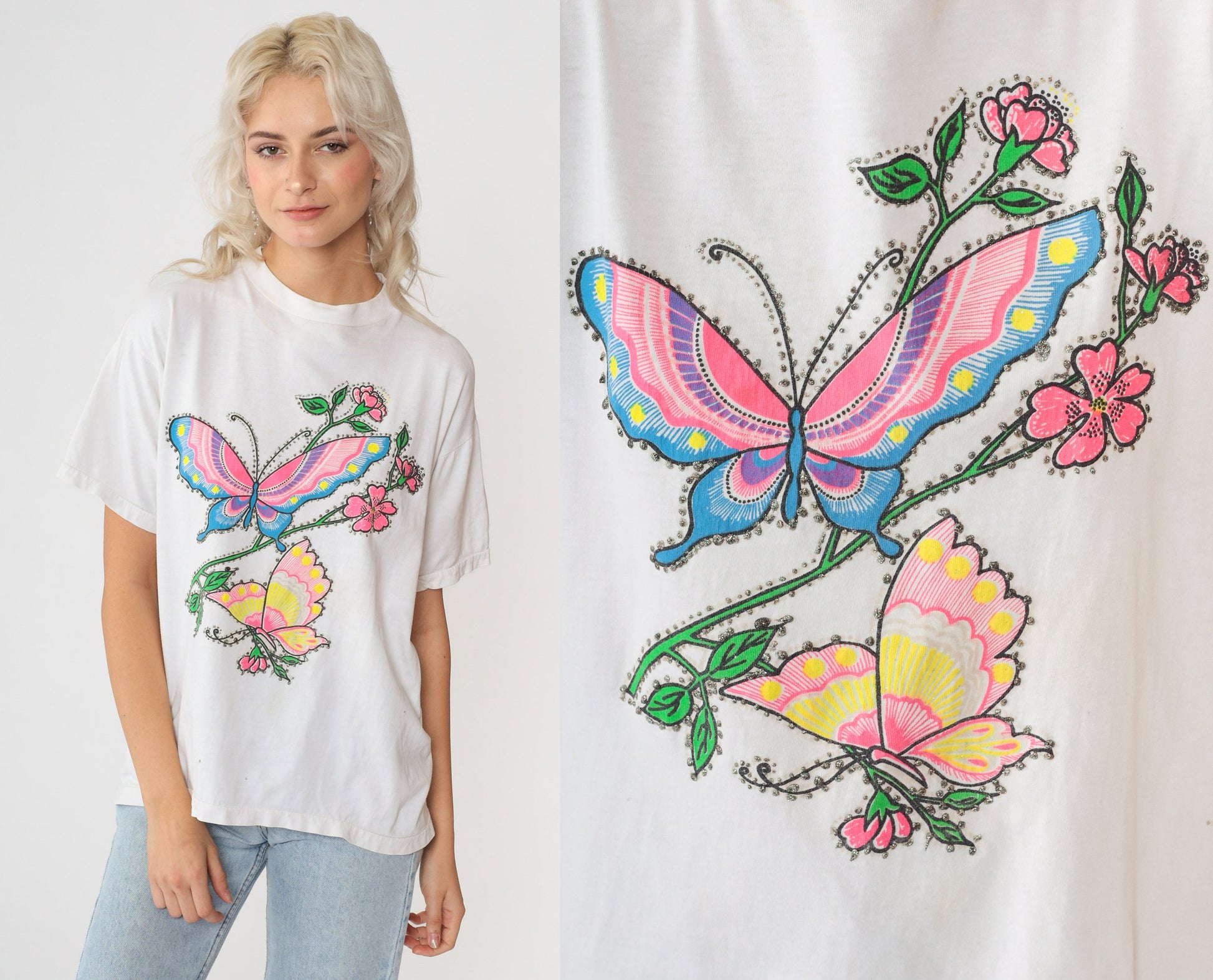 90s Floral Butterfly Graphic T-Shirt White Glitter Paint Single Stitch Medium