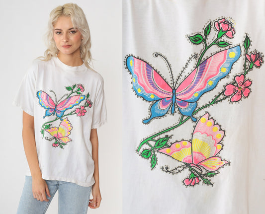 90s Floral Butterfly Graphic T-Shirt White Glitter Paint Single Stitch Medium