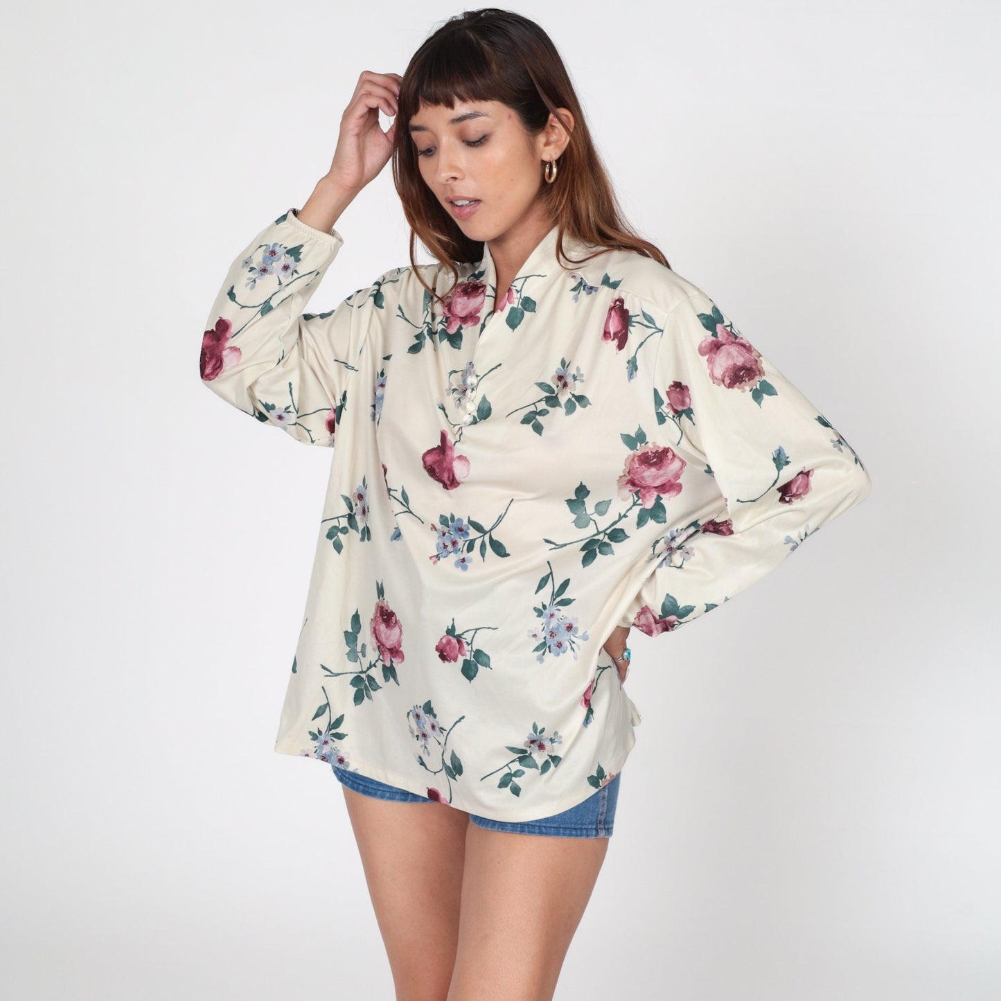 70s Floral Button-Up Blouse Cream Long Sleeve Shirt Plus Size XXL