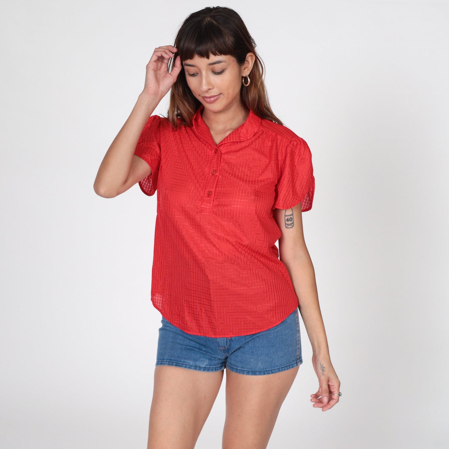 70s Red Checkered Puff Sleeve Button-Up Blouse Sheer Medium
