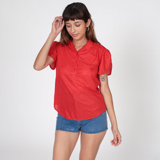 70s Red Checkered Puff Sleeve Button-Up Blouse Sheer Medium