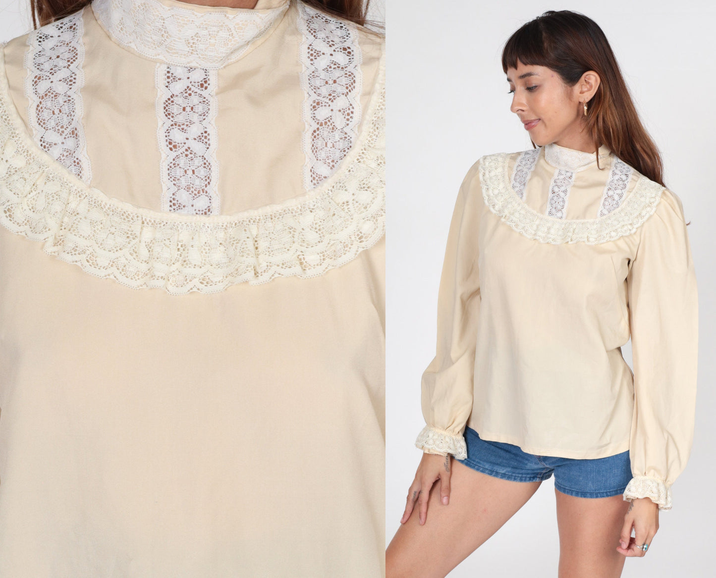 70s Beige Puff Sleeve Blouse Lace Bib Mock Neck Poet Shirt Medium
