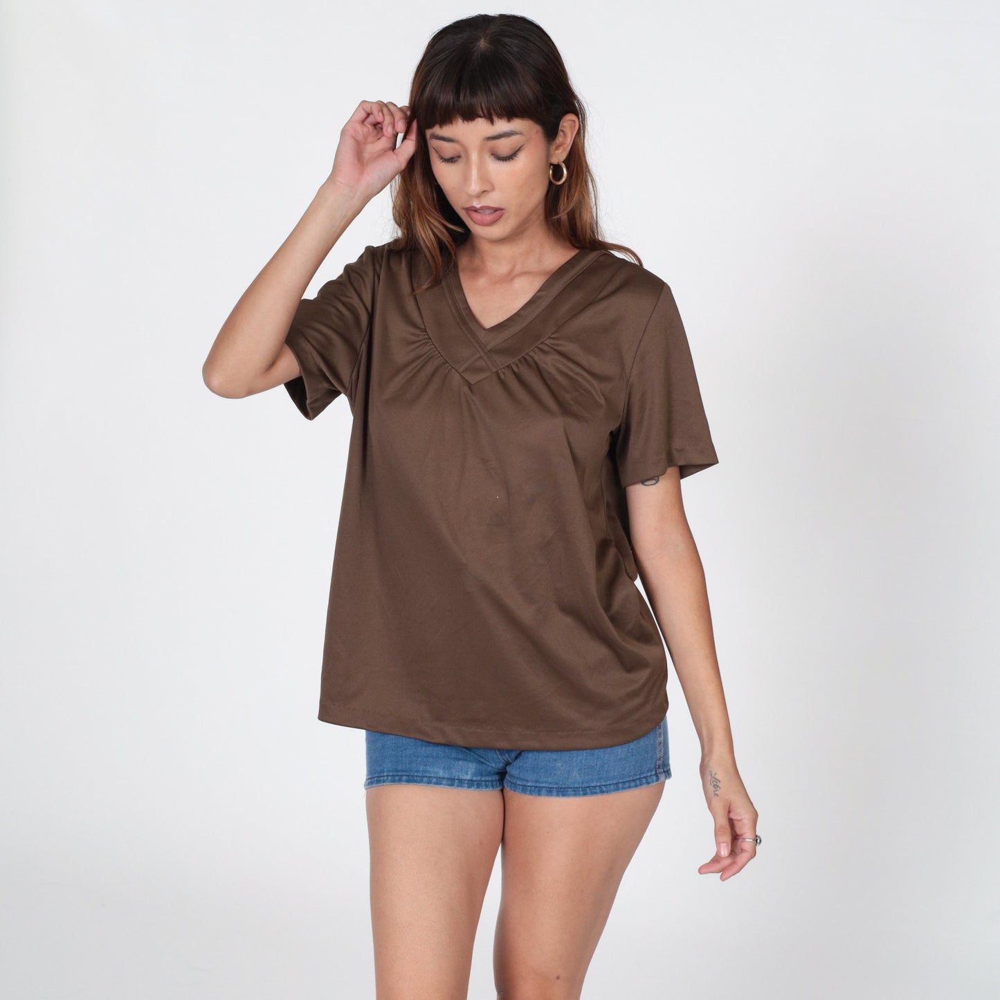 70s Brown Gathered V-Neck Tunic Blouse Short Sleeve Large