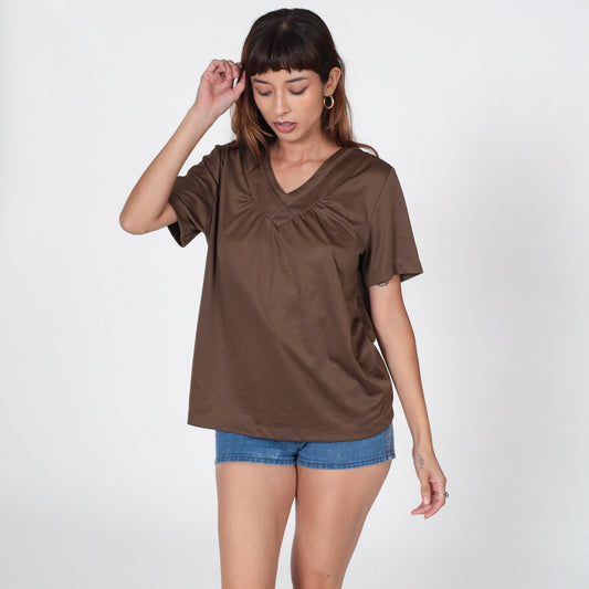 70s Brown Gathered V-Neck Tunic Blouse Short Sleeve Large