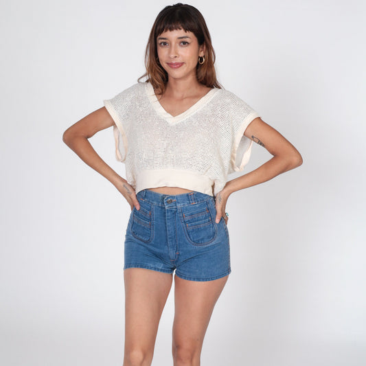 80s Campus Casuals Sheer Mesh Blouse Off-White Deep V-Neck Cap Sleeve Large