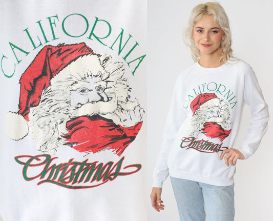 80s California Christmas Santa Sweatshirt White Raglan Puff Paint Small