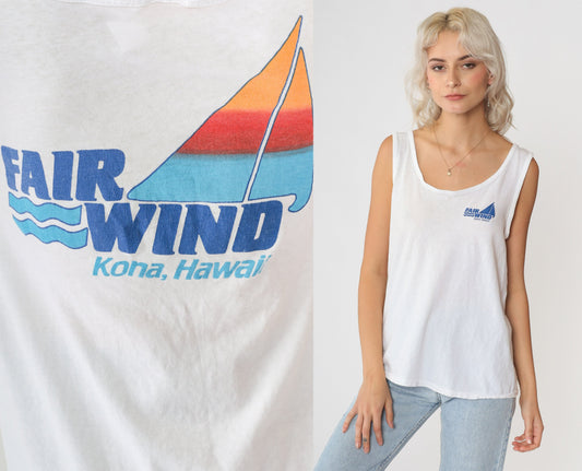 90s Fair Wind Kona Hawaii Boat Tours Tank Top White Graphic Tee Small