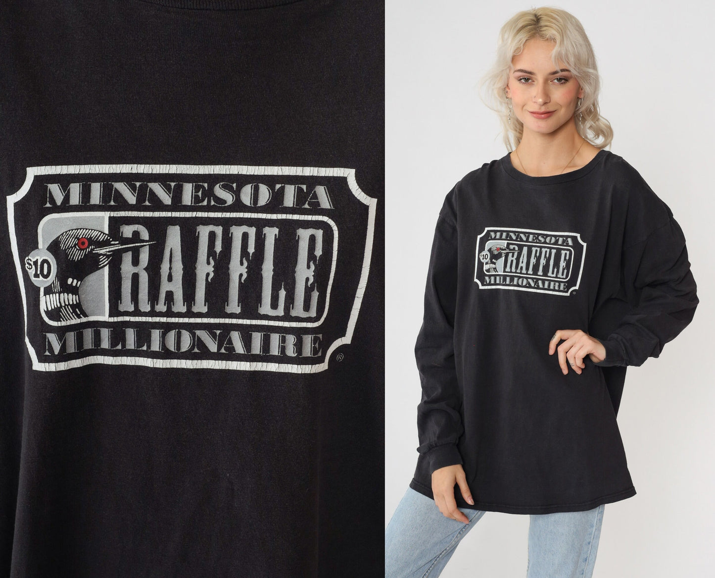 90s Minnesota Raffle Millionaire Loon Graphic Long Sleeve Tee Black Large L