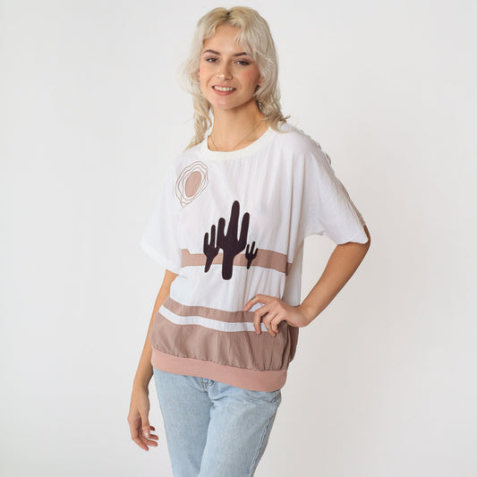 90s Saguaro Cactus Desert Graphic Shirt Southwest Banded Hem Small