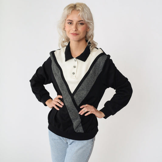 90s Alfred Dunner Colour Block Chevron Sweatshirt Black White Large L