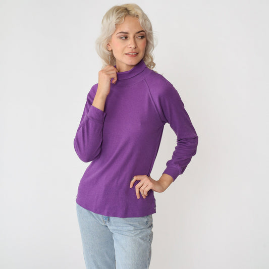 80s Purple Turtleneck Raglan Sleeve Long Shirt Extra Small XS