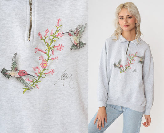90s Hummingbird Floral Quarter Zip Sweatshirt Heather Grey Jerzees Medium