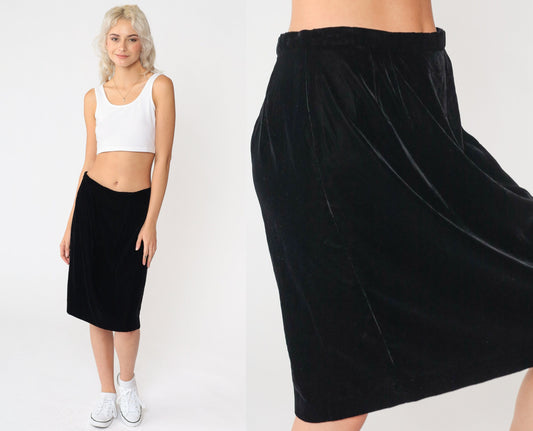 90s Talbots Black Velvet Pencil Skirt High Waisted Knee Length Medium