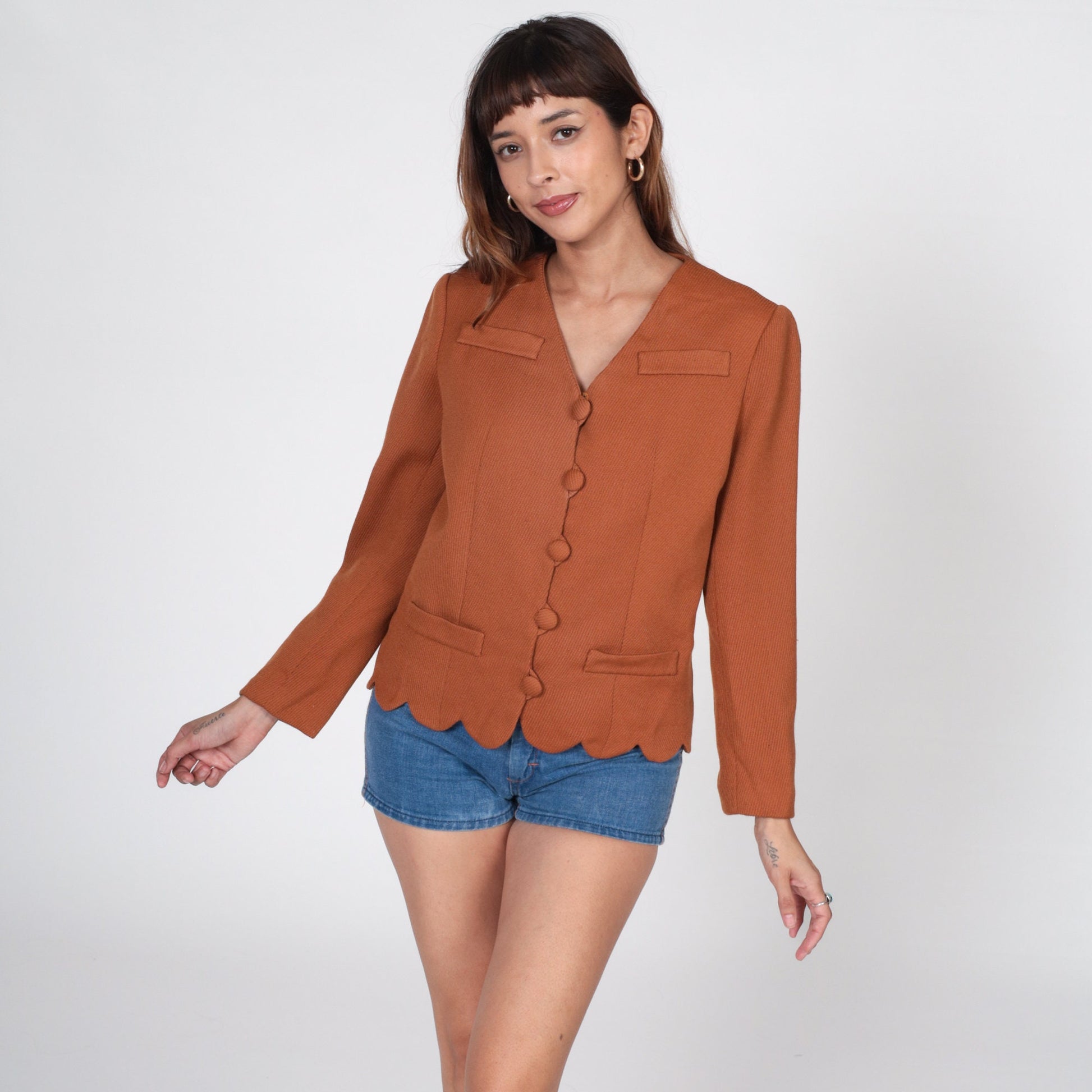 60s Wool Blazer Brown Scalloped Edge Jacket Small