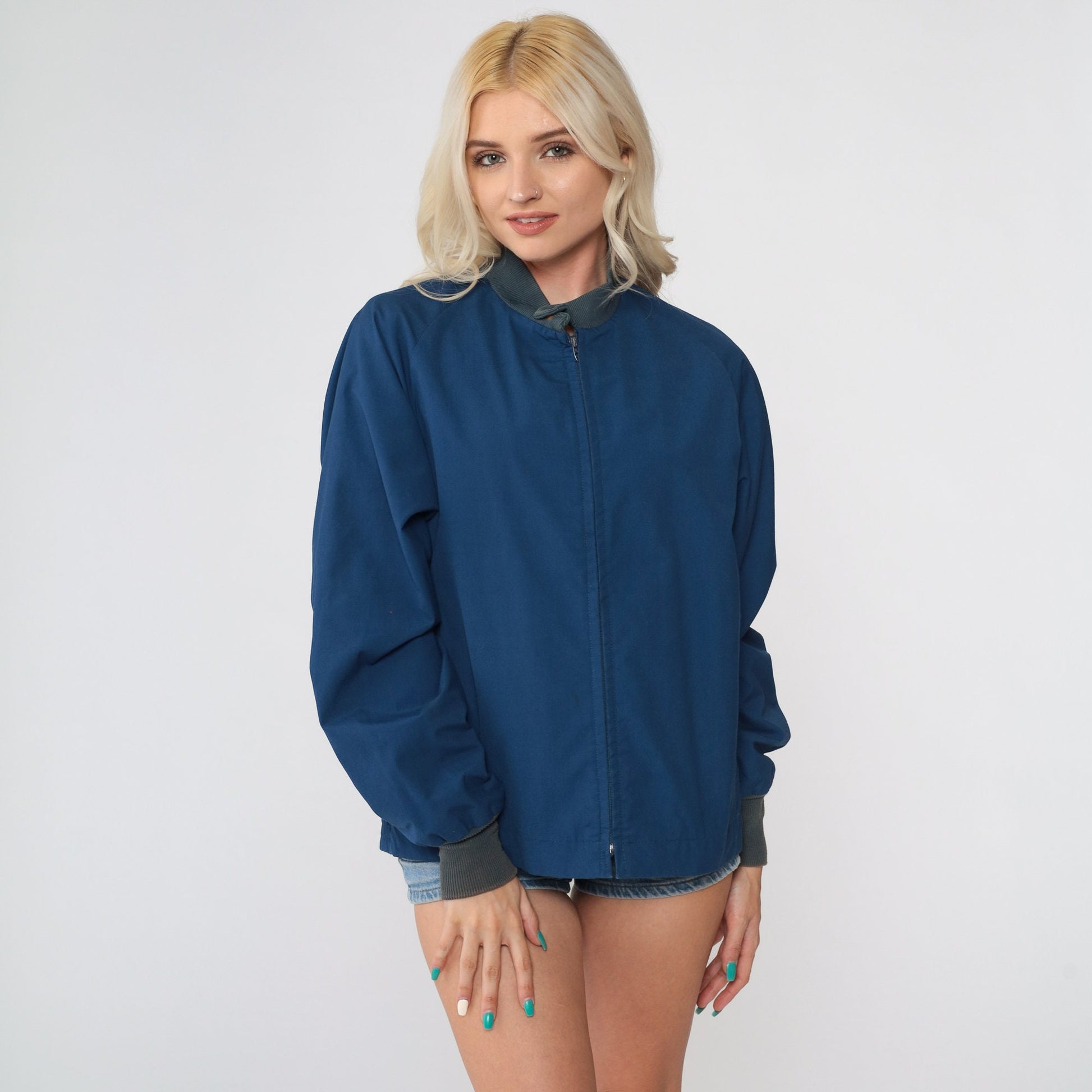 80s Dark Blue Windbreaker Jacket Grey Knit Cuffs Cotton Blend Small Medium