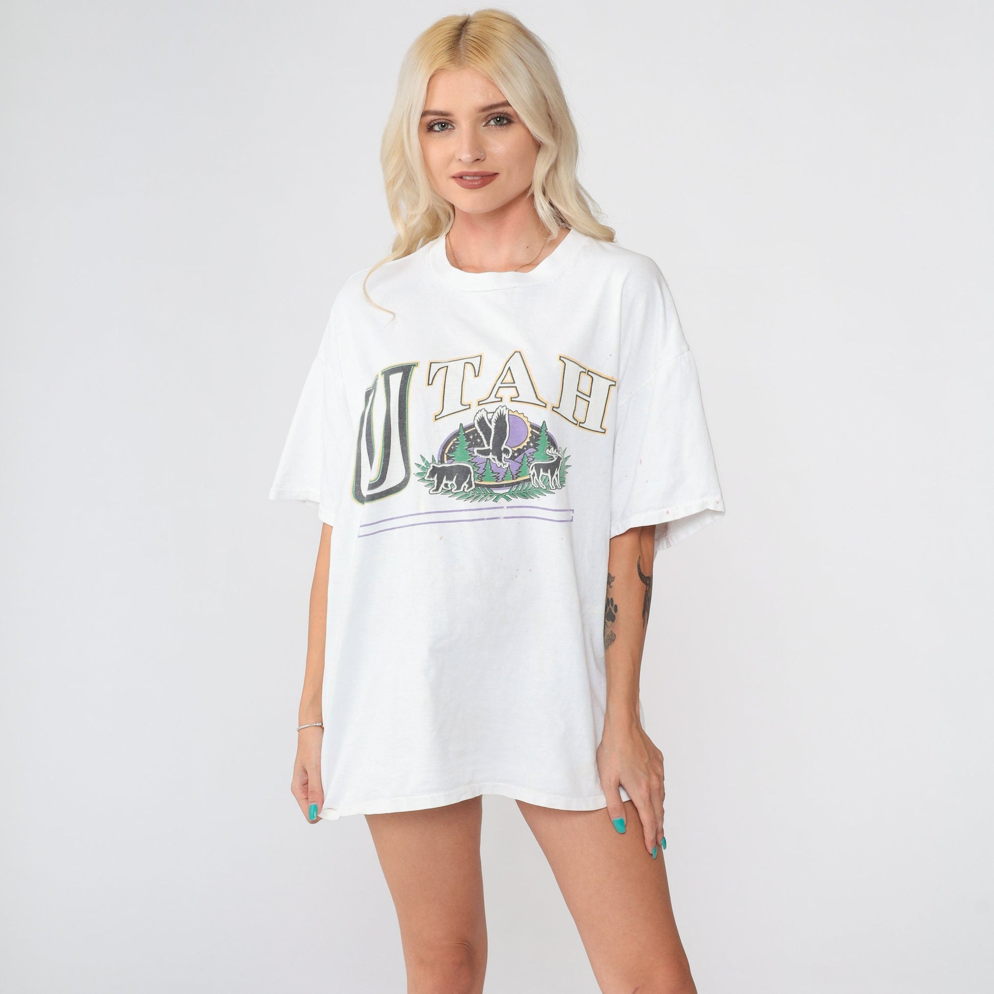 90s Utah Paint Splatter Graphic Tee Eagle Bear Deer Single Stitch White Extra Large XXL