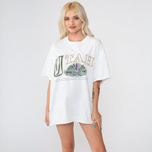 90s Utah Paint Splatter Graphic Tee Eagle Bear Deer Single Stitch White Extra Large XXL