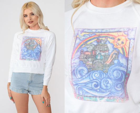 90s Noah's Ark Sweatshirt Animal Print Rainbow Raglan Graphic XXS