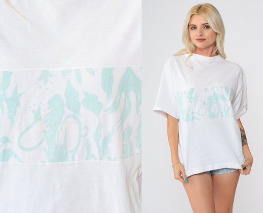 90s Abstract Mint Swirl Graphic T-Shirt White Crewneck Large
