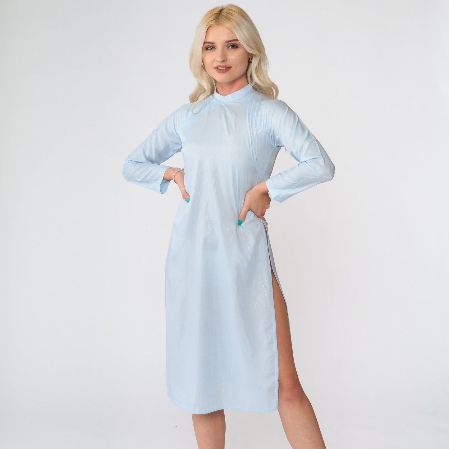 90s Vietnamese Ao Dai Midi Dress Baby Blue Coffee Graphic Mandarin Collar Extra Small