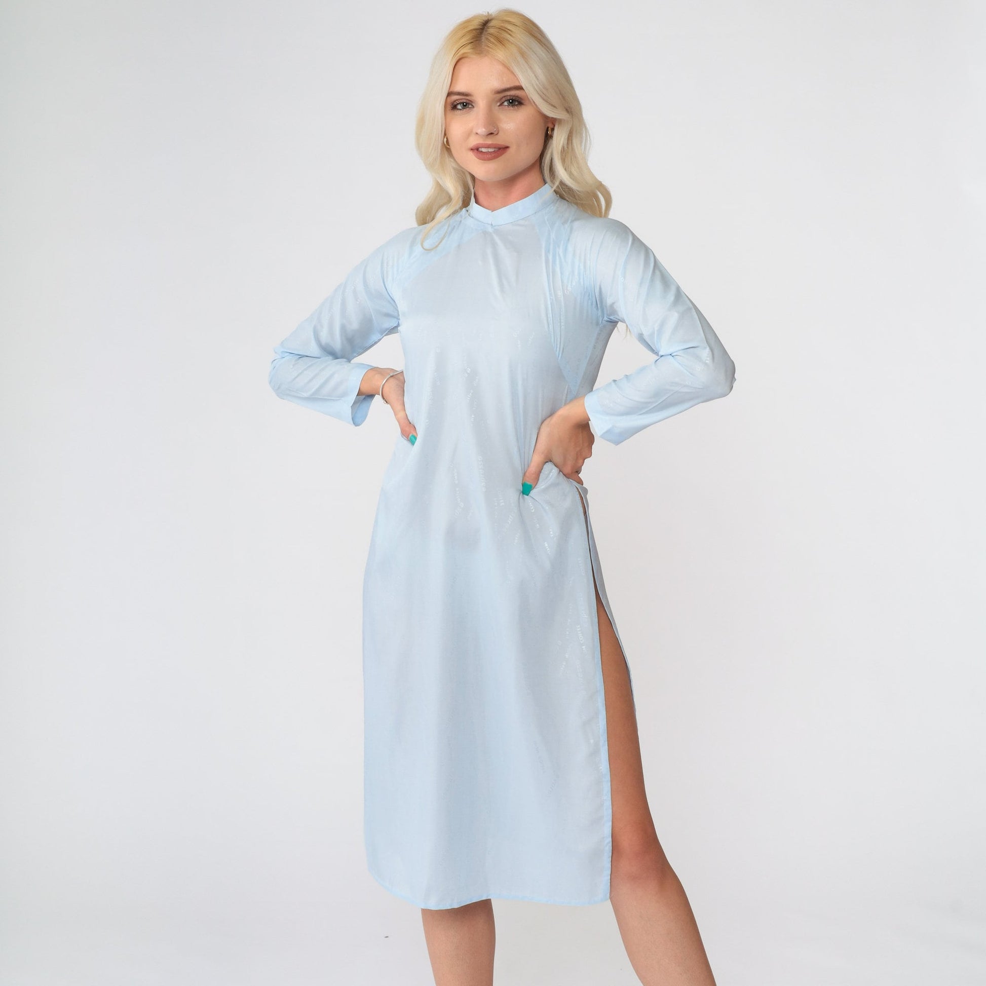 90s Vietnamese Ao Dai Midi Dress Baby Blue Coffee Graphic Mandarin Collar Extra Small