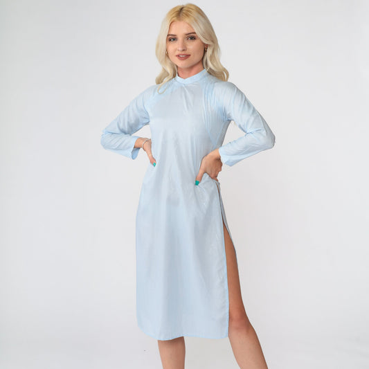 90s Vietnamese Ao Dai Midi Dress Baby Blue Coffee Graphic Mandarin Collar Extra Small