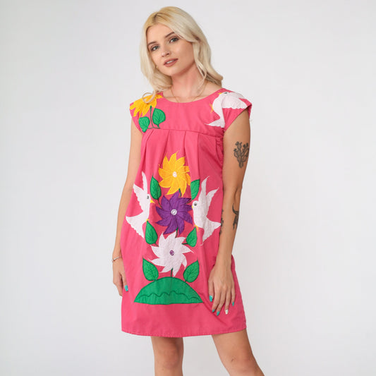 80s Mexican Embroidered Mini Dress Pink Floral Bird Cap Sleeve Cotton XXS