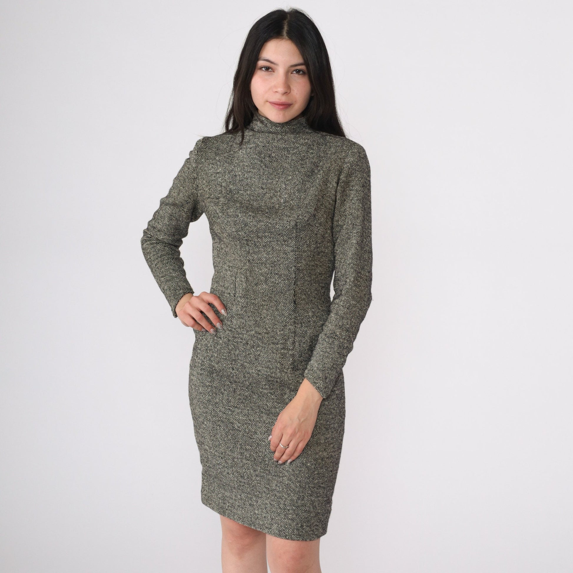 1960s S Eisenberg Wool Dress Black White Flecked Mock Neck Long Sleeve Small