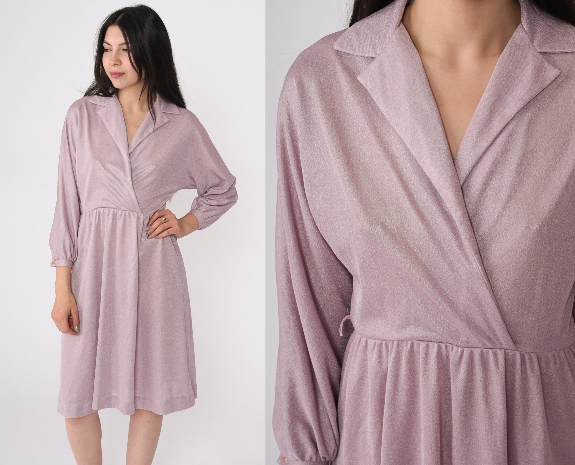 70s Shimmery Lavender Grecian Wrap Dress Long Sleeve Midi High Waist Small