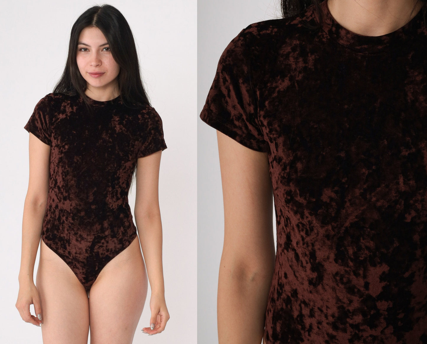 90s Brown Velvet Bodysuit Mock Neck Thong Leotard Short Sleeve Extra Small