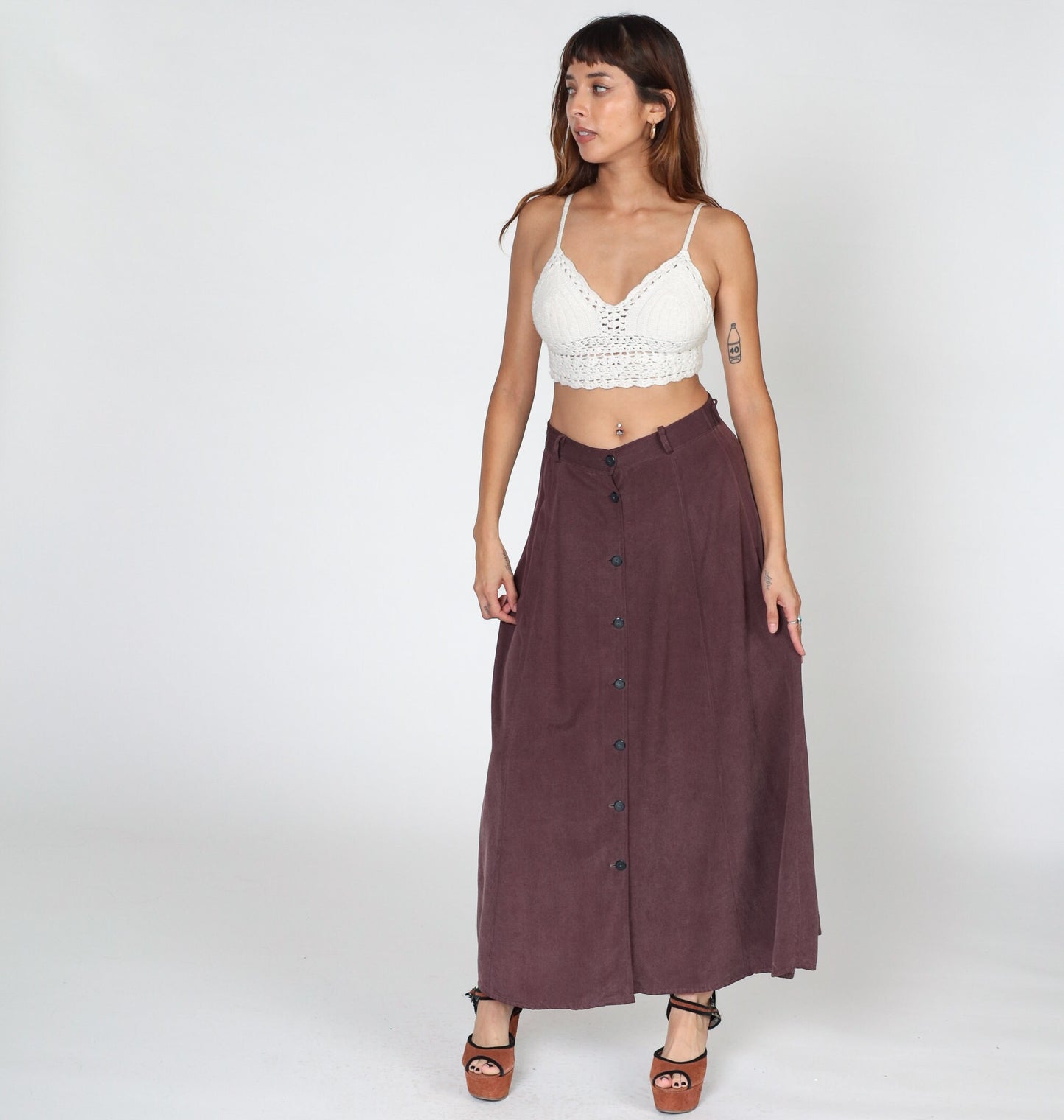90s Dark Burgundy Silk Maxi Skirt Button-Up Front Small S