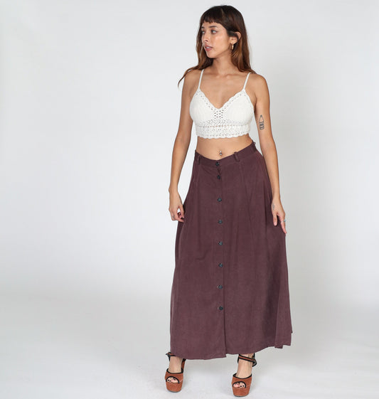90s Dark Burgundy Silk Maxi Skirt Button-Up Front Small S