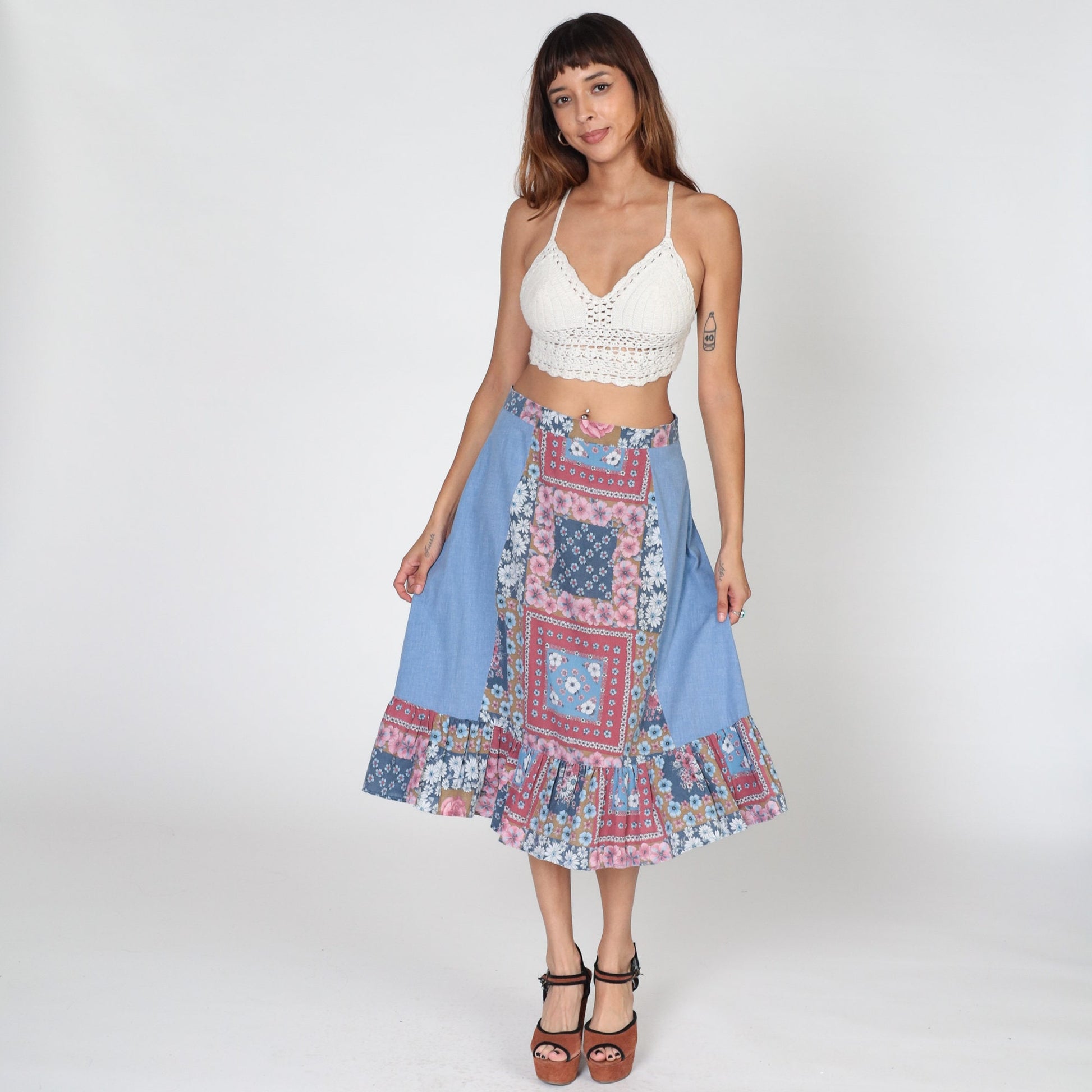 70s Patchwork Floral Midi Skirt Blue High Waist Tiered Ruffled Medium