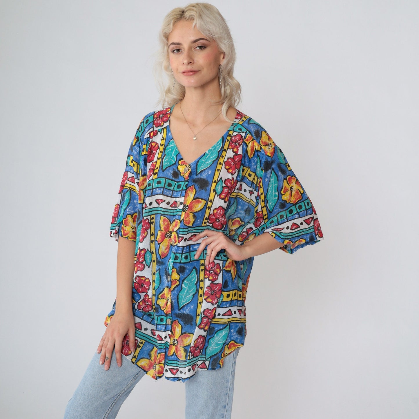 90s Copy Cats Floral Abstract Geometric Print Button Up Blouse Large L
