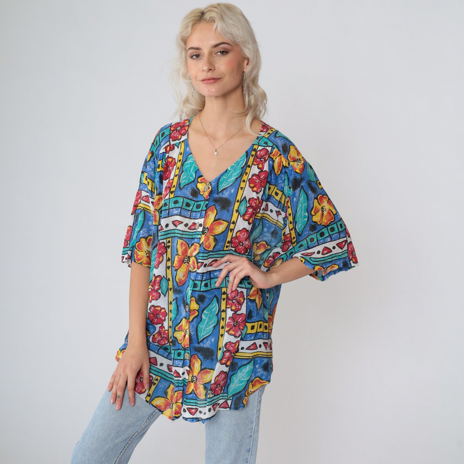 90s Copy Cats Floral Abstract Geometric Print Button Up Blouse Large L