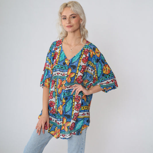 90s Copy Cats Floral Abstract Geometric Print Button Up Blouse Large L