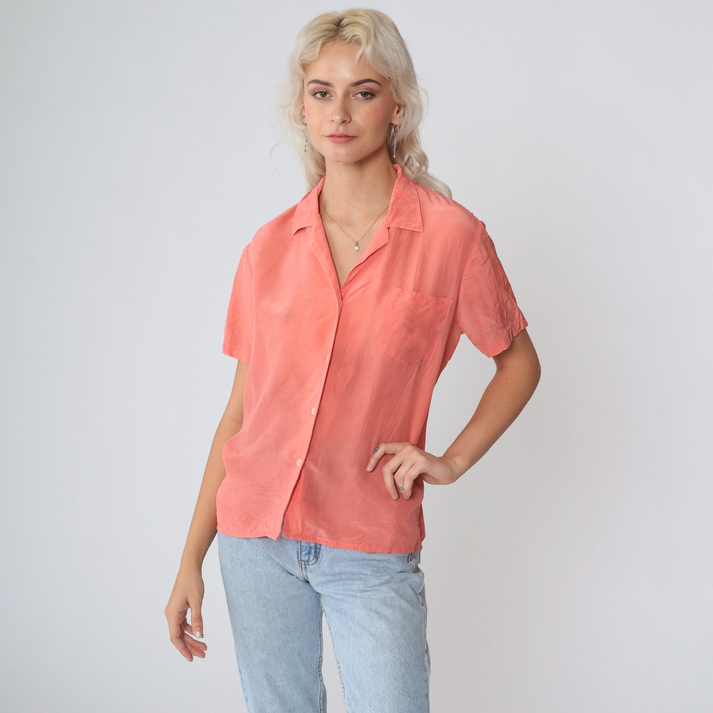 80s Nordstrom Silk Button-Up Blouse Peach Short Sleeve Chest Pocket Large L