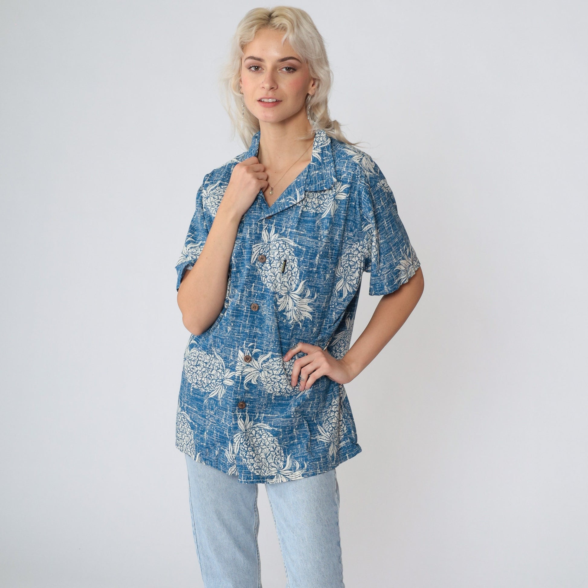 Y2K Pineapple Print Hawaiian Shirt Blue Button Up Men's Medium