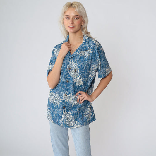 Y2K Pineapple Print Hawaiian Shirt Blue Button Up Men's Medium
