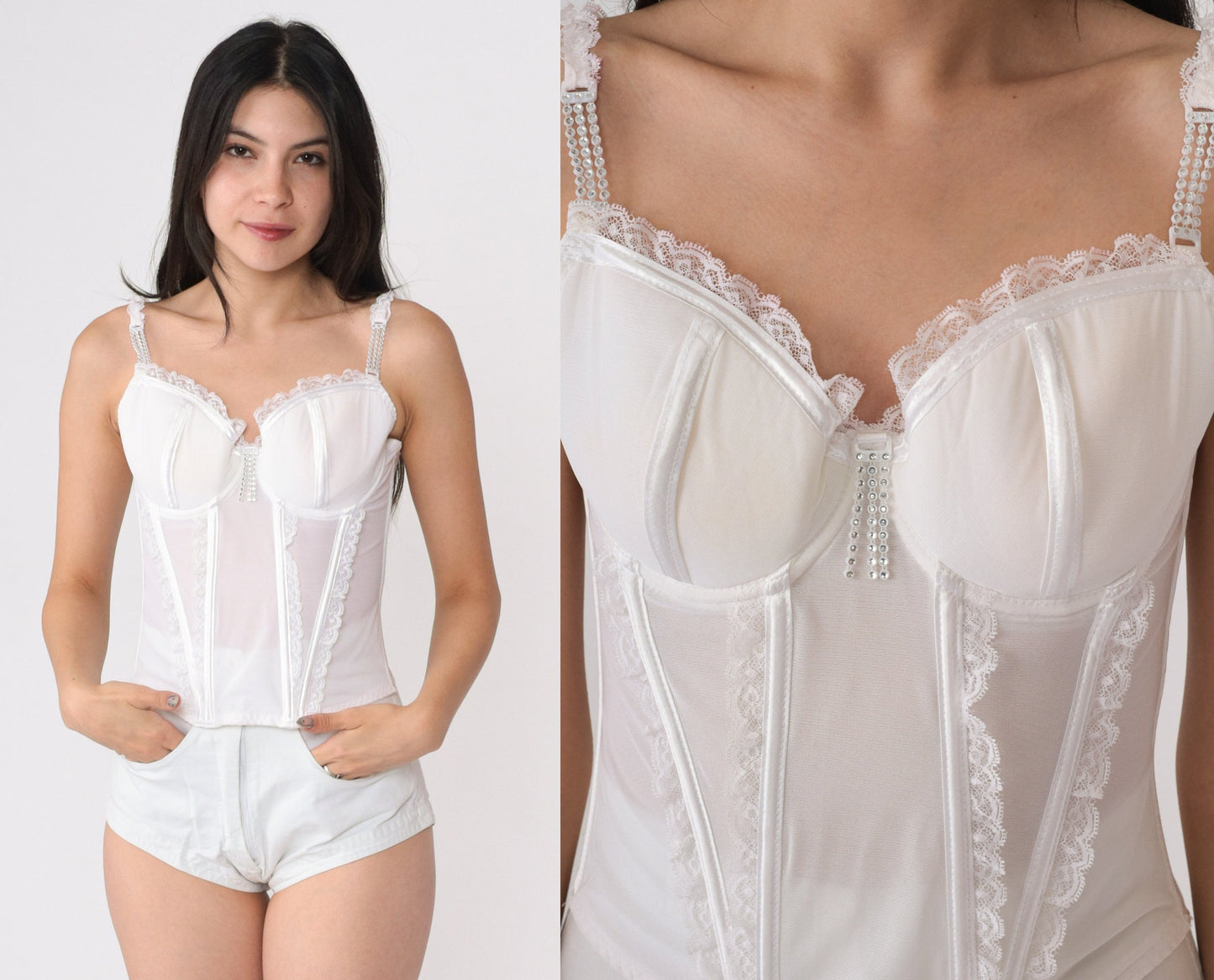 00s White Rhinestone Bustier Corset Tank Lace Underwire Small 32D
