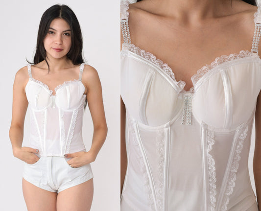 00s White Rhinestone Bustier Corset Tank Lace Underwire Small 32D