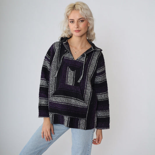 90s Mexican Baja Hoodie Black White Purple Striped Kangaroo Pocket Small