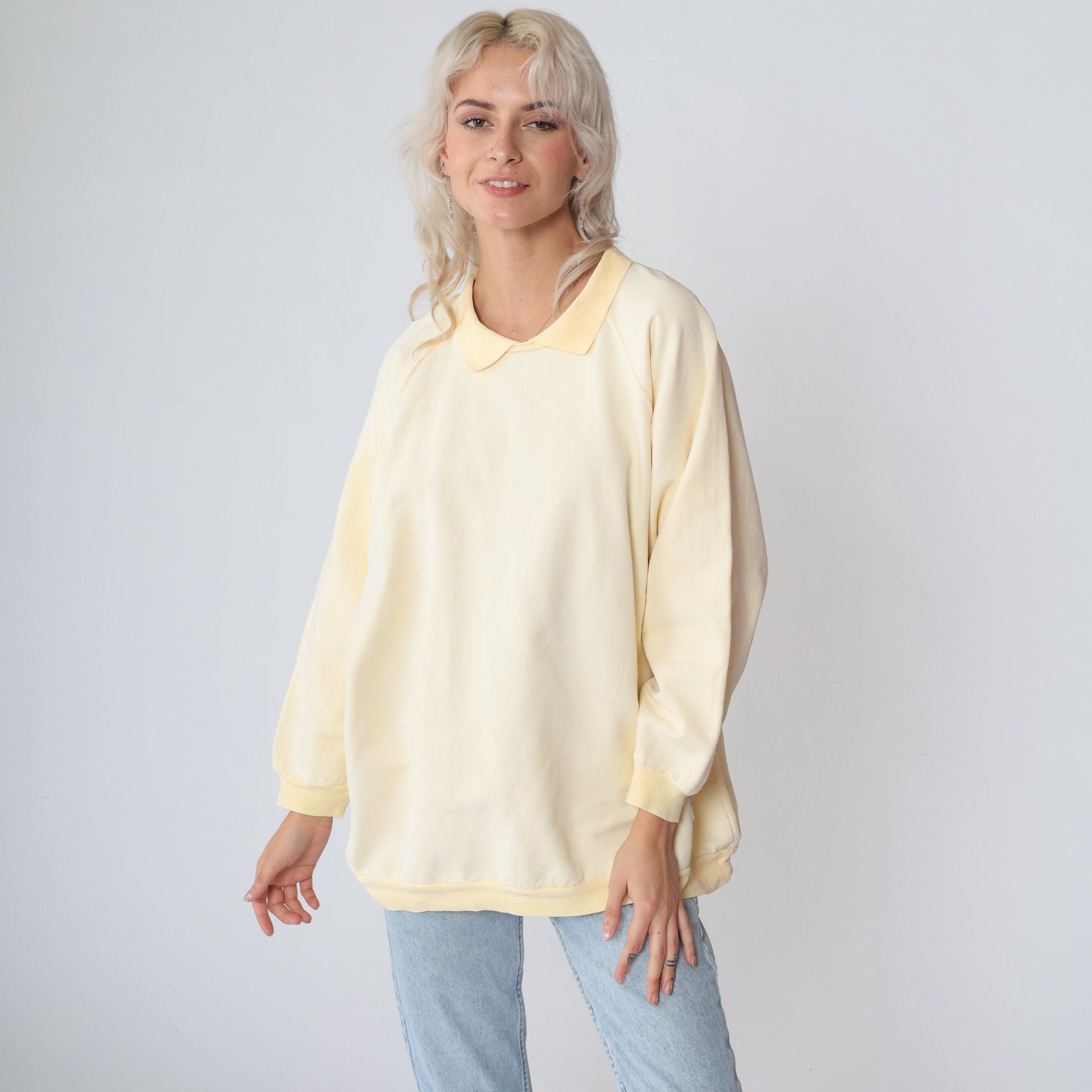 90s Palmetto Canton Fleece Collared Sweatshirt Cream Yellow Raglan Large
