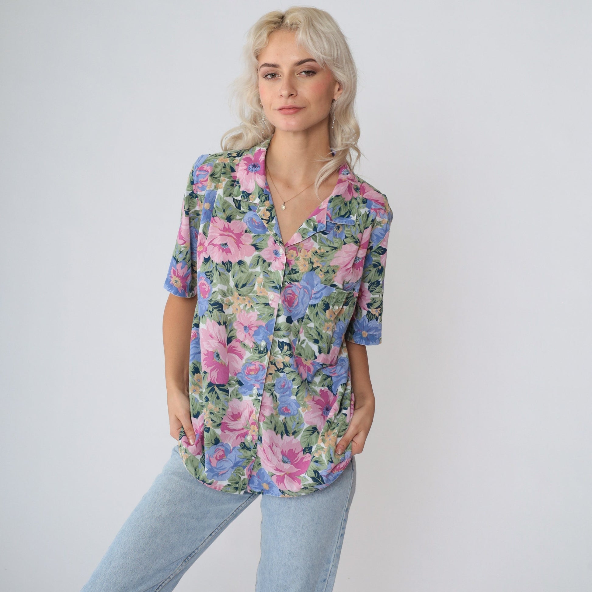 90s Floral Button-Up Blouse Short Sleeve Collared Shirt Multicolor Medium M