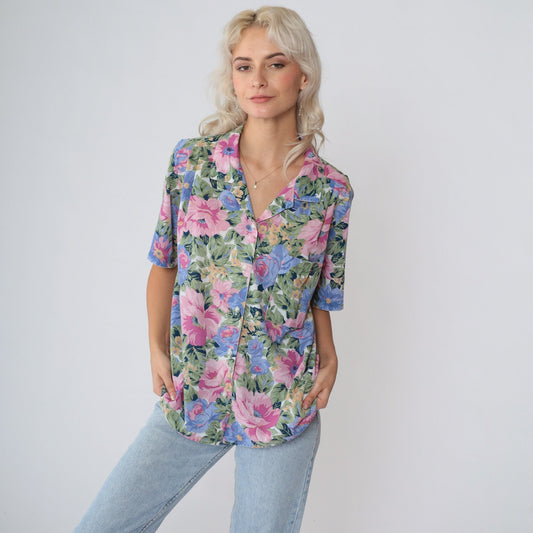 90s Floral Button-Up Blouse Short Sleeve Collared Shirt Multicolor Medium M